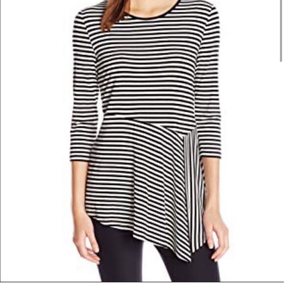 Vince Camuto Black White Stripe Asymmetrical Tunic Top 3/4 Sleeves Stretch sz M - Picture 2 of 9